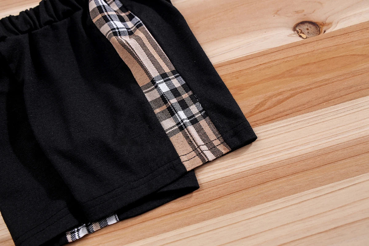 Conjunto IURNXB roupa infantil menino estampa divertida short preto com faixa xadrez bege