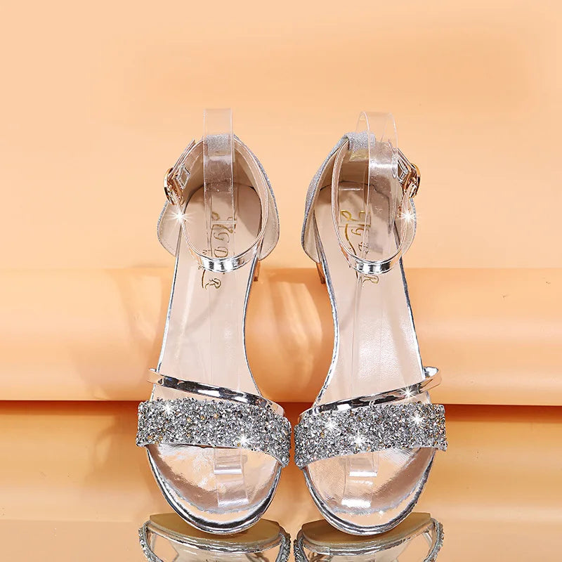 Sandalias feminina VKJF prata com glitter tiras e fivela sapato casual feminino aberto para festa