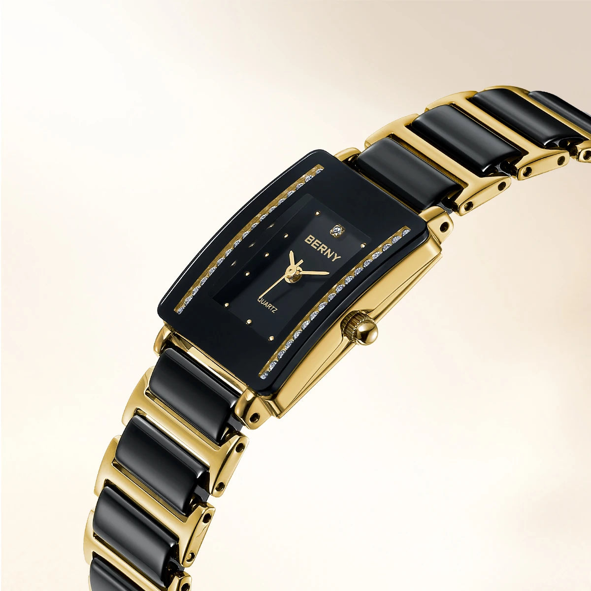 Relógio feminino luxo diamante BERNY com pulseira preta e detalhes em dourado para ocasiões elegantes