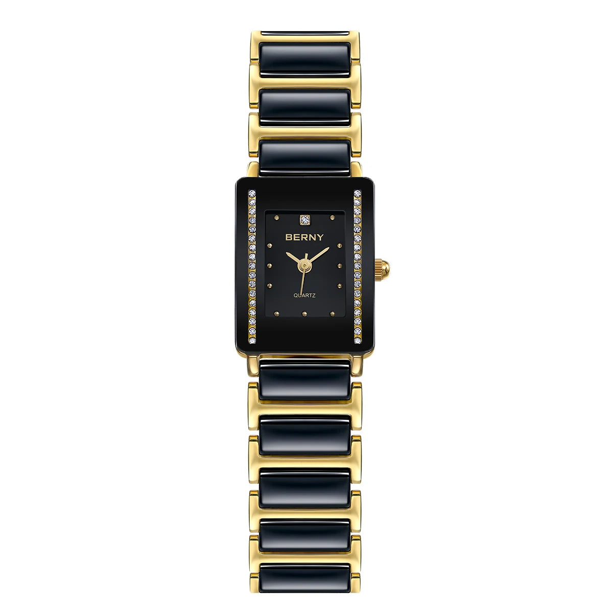 Relógio feminino luxo diamante da BERNY com pulseira dourada e caixa retangular elegante