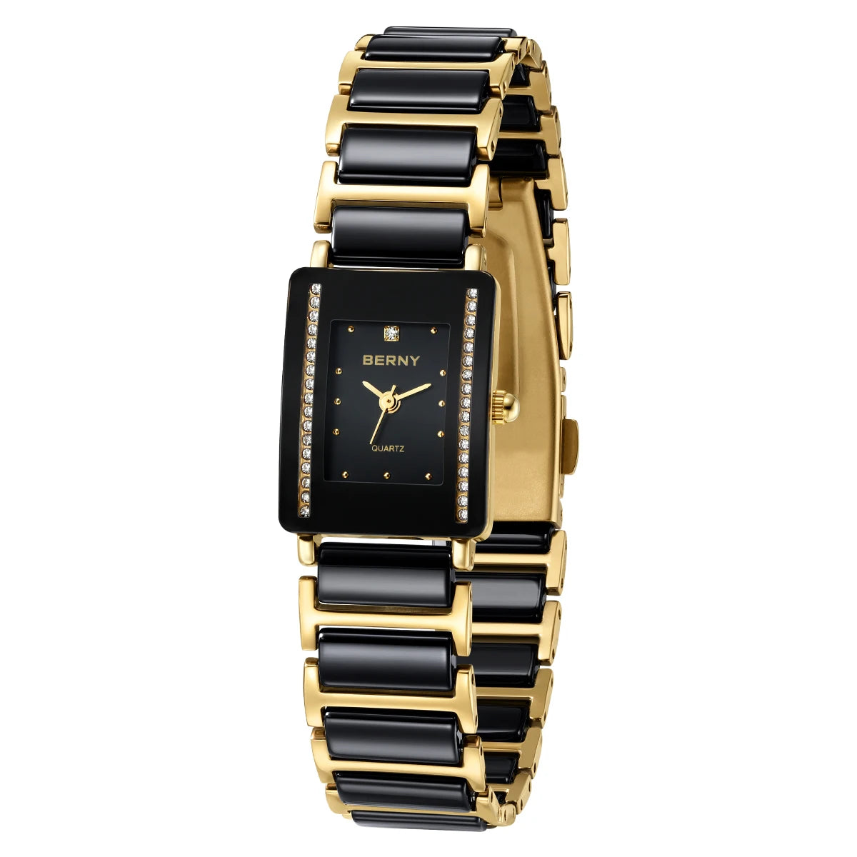 Relógio feminino luxo diamante da marca BERNY com design elegante em preto e dourado