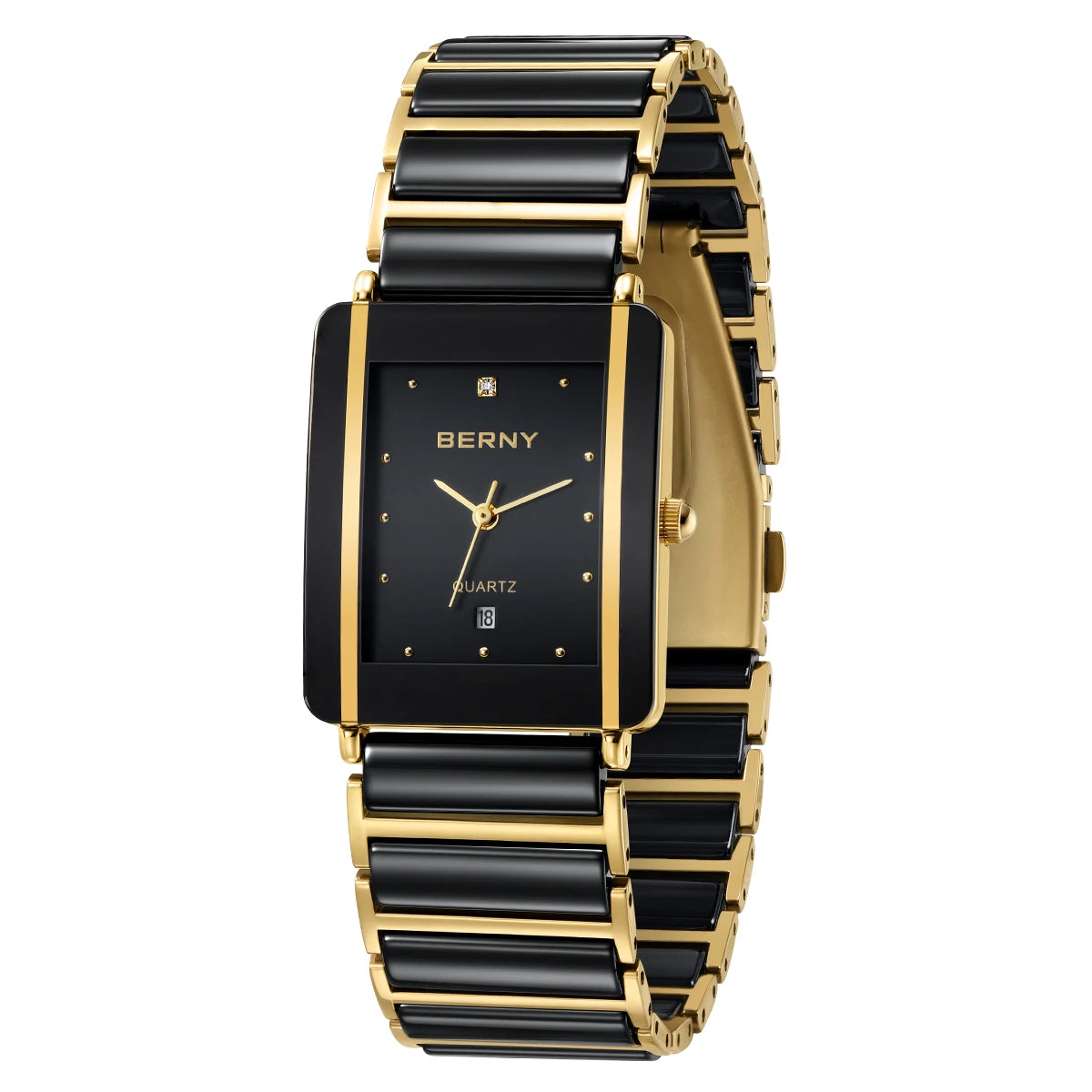 Relógio feminino luxo diamante da marca BERNY com pulseira dourada e mostrador preto elegante
