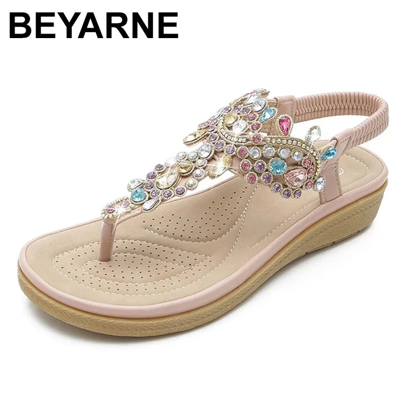 Sandálias femininas BEYARNE com chinelo plataforma cristal decorado com pedras coloridas