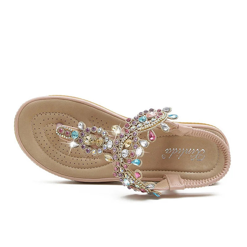 Sandália feminina BEYARNE com chinelo plataforma cristal decorado em tons de rosa e dourado