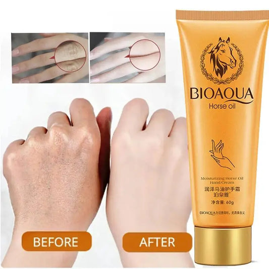 Creme antirrugas para as mãos da POQUAN YA, produto nutritivo anti-rugas, mostrando resultados antes e depois