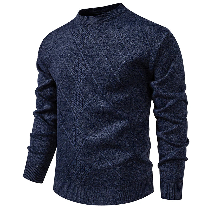 Pulôver masculino em malha azul escura com padrão em diamante, ideal para uso casual. Blusa de malha casual masculina.