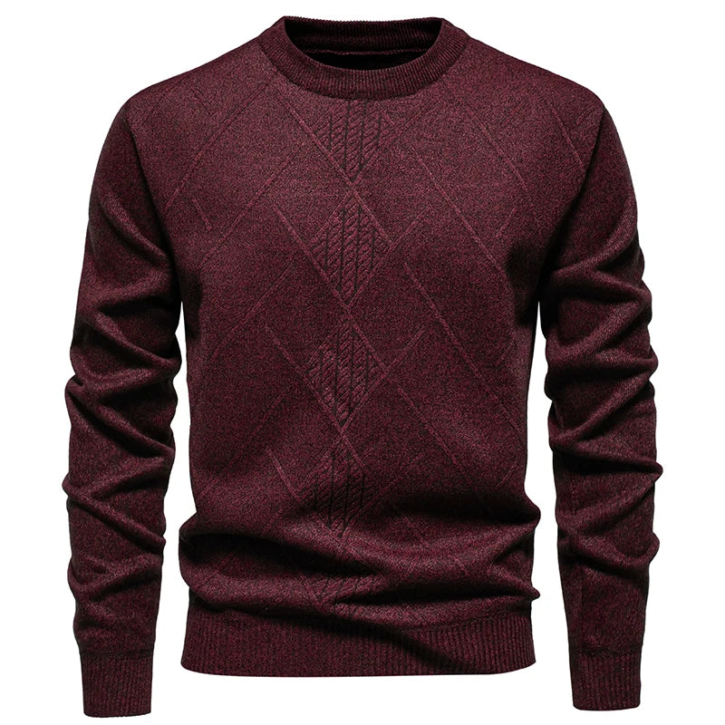 Pulôver masculino em vinho com padrão de diamante, ideal como blusa de malha casual masculina