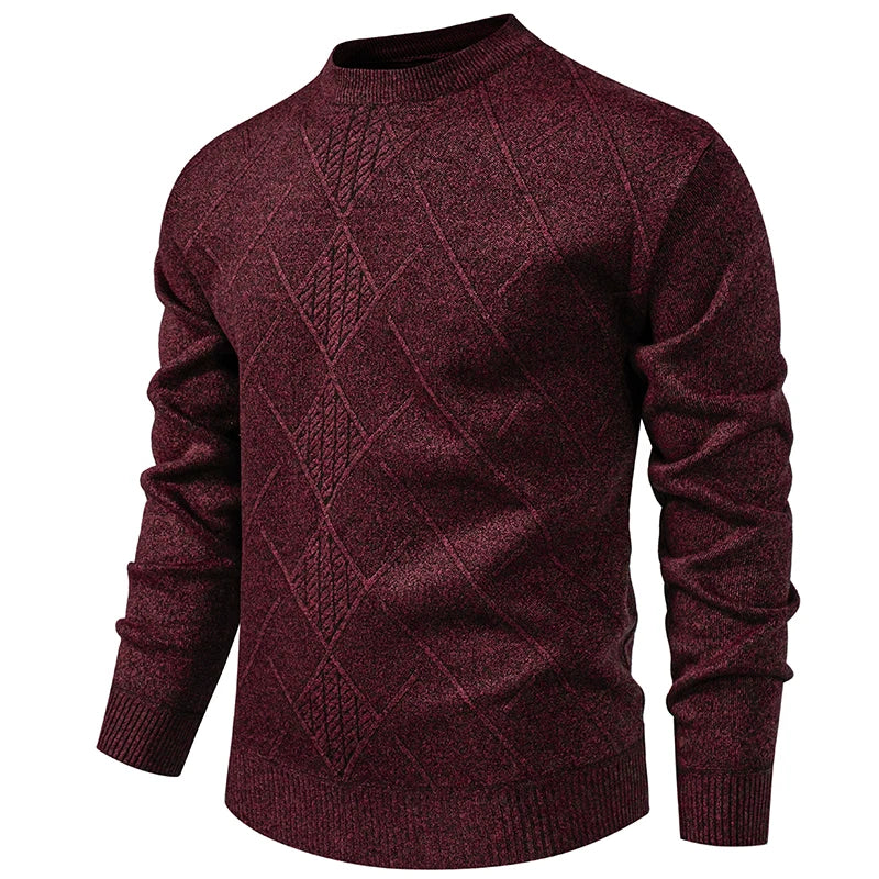 Pulôver masculino de malha casual masculina em cor vinho com padrão de losangos