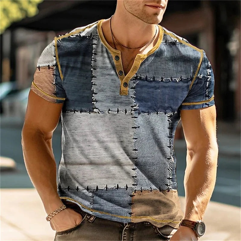 Camiseta masculina extragrande da YEAE em estilo patchwork com detalhes em botão