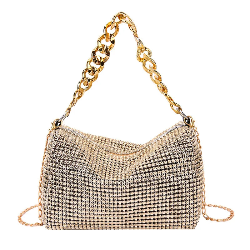 Bolsa feminina com diamante brilhante em dourado com alça de corrente elegante