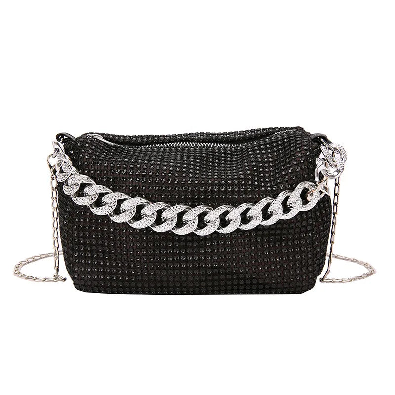 Bolsa feminina com diamante brilhante em preto com alça de corrente prateada estilosa