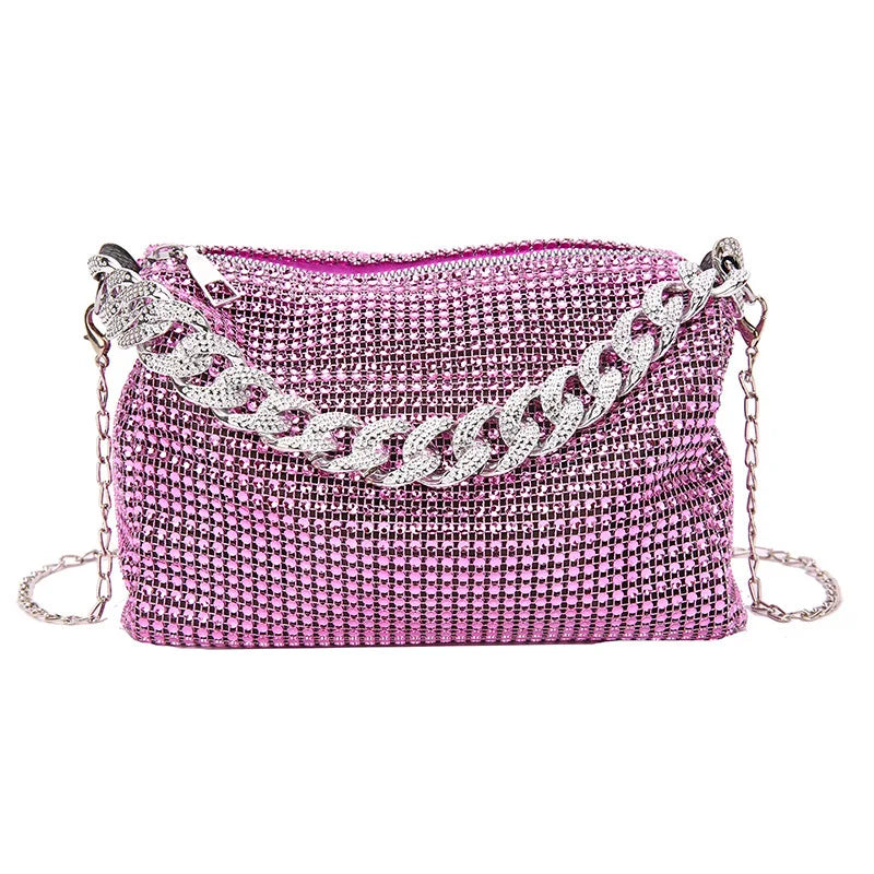Bolsa feminina com diamante brilhante em rosa com alça de corrente estilosa
