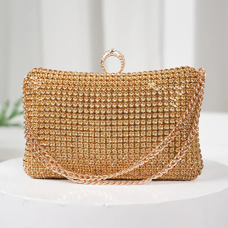 Bolsa de festa com strass da FENJING em dourado com corrente elegante para ocasiões especiais