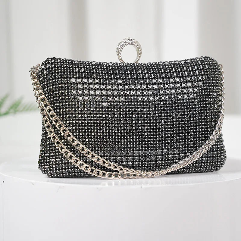 Bolsa de festa com strass da FENJING em preto com alça de corrente prateada elegantes para eventos especiais