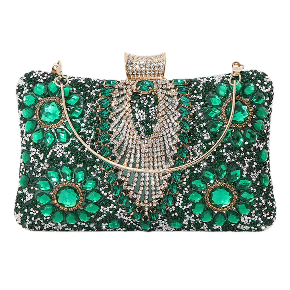 Bolsa feminina de luxo com detalhes em pedras verdes e acabamento brilhante para ocasiões especiais