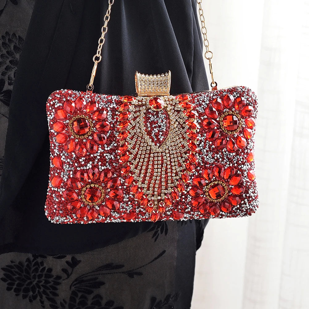Bolsa feminina de luxo VKTECH com detalhes em strass e corrente, ideal para ocasiões especiais