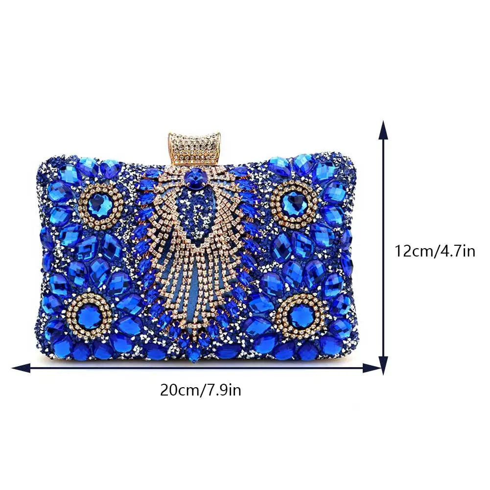 Bolsa feminina de luxo azul com pedras brilhantes, ideal para ocasiões especiais e festas