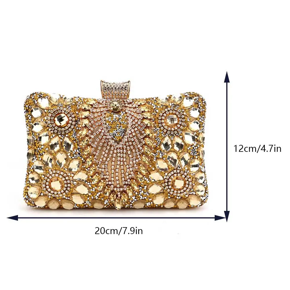 Bolsa feminina de luxo VKTECH decorada com pedrarias em tom dourado e design sofisticado