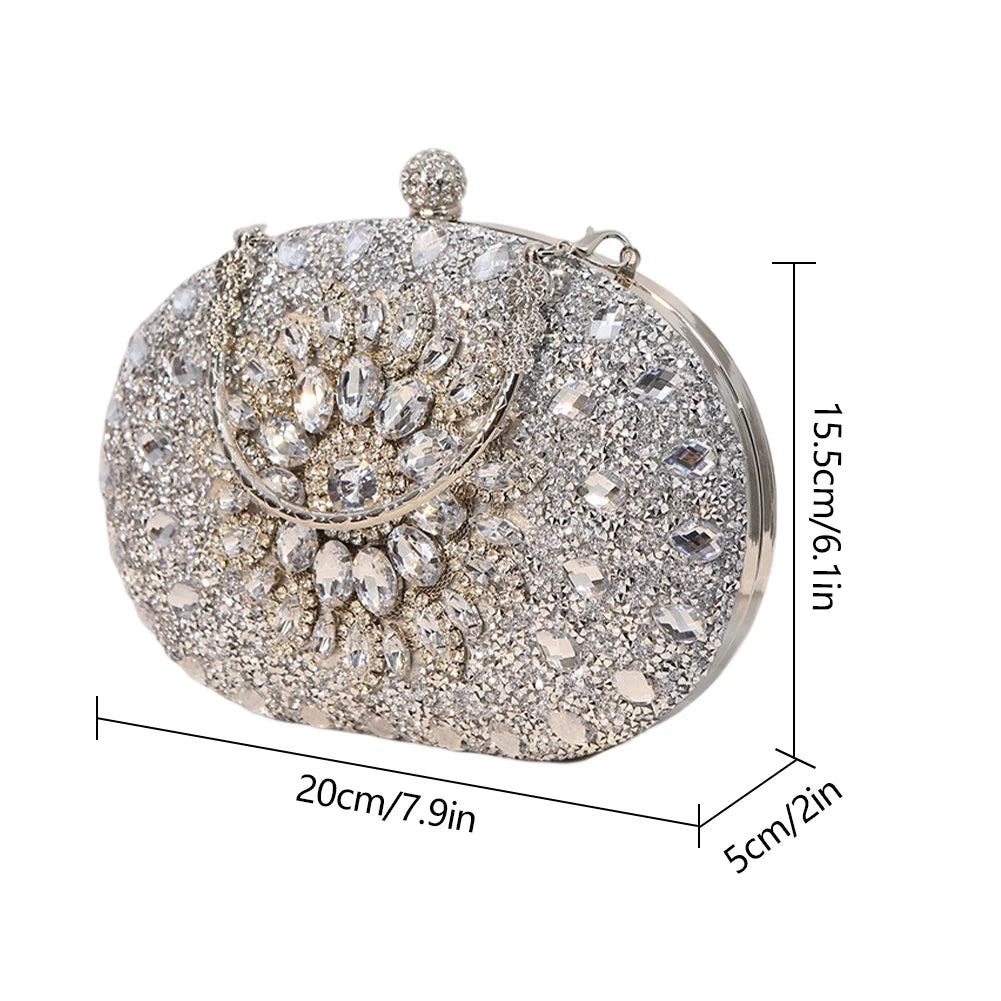 Bolsa feminina de luxo VKTECH com design brilhante e detalhes em pedras preciosas, ideal para festas