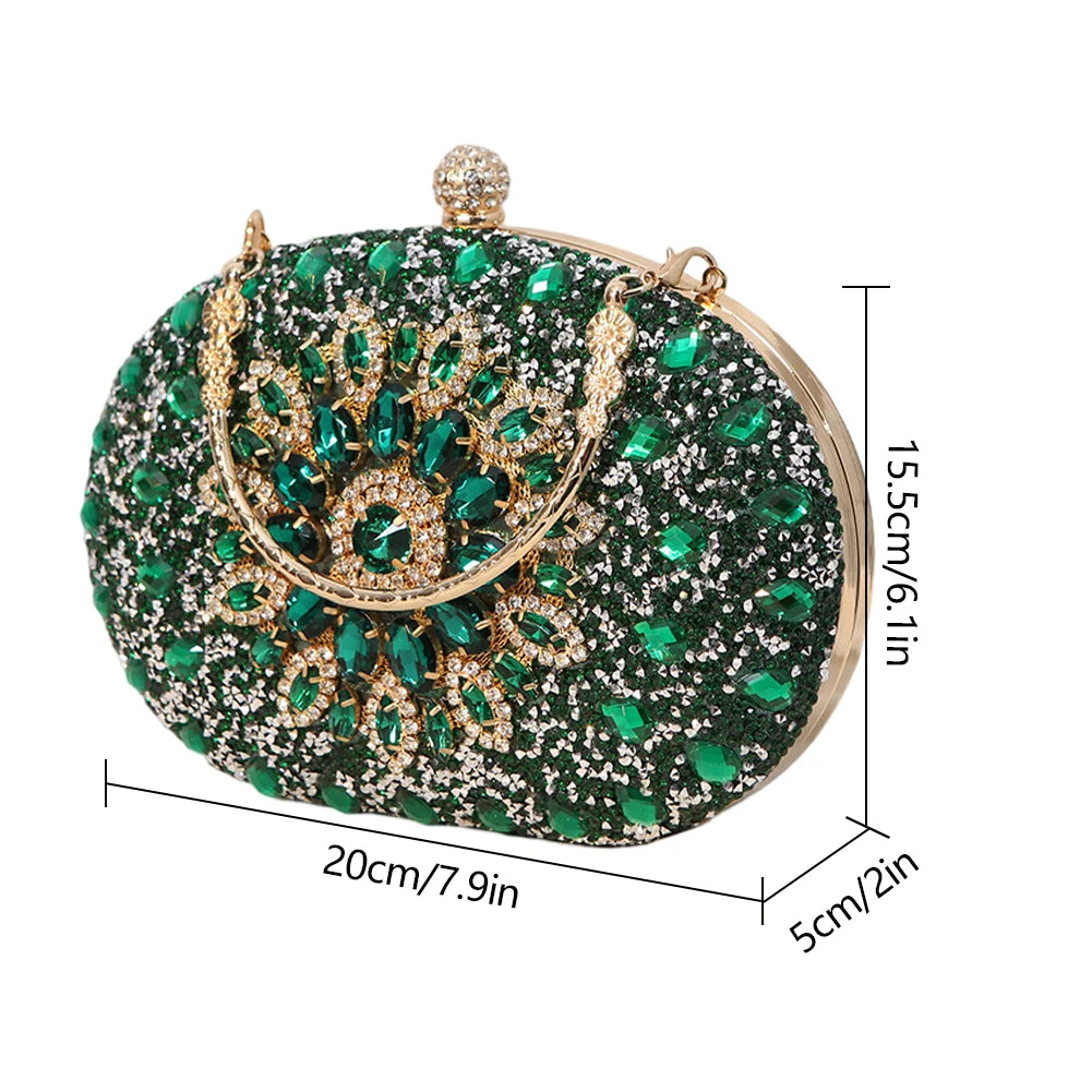 Bolsa feminina de luxo VKTECH com brilho verde e detalhes em dourado, ideal para ocasiões especiais.