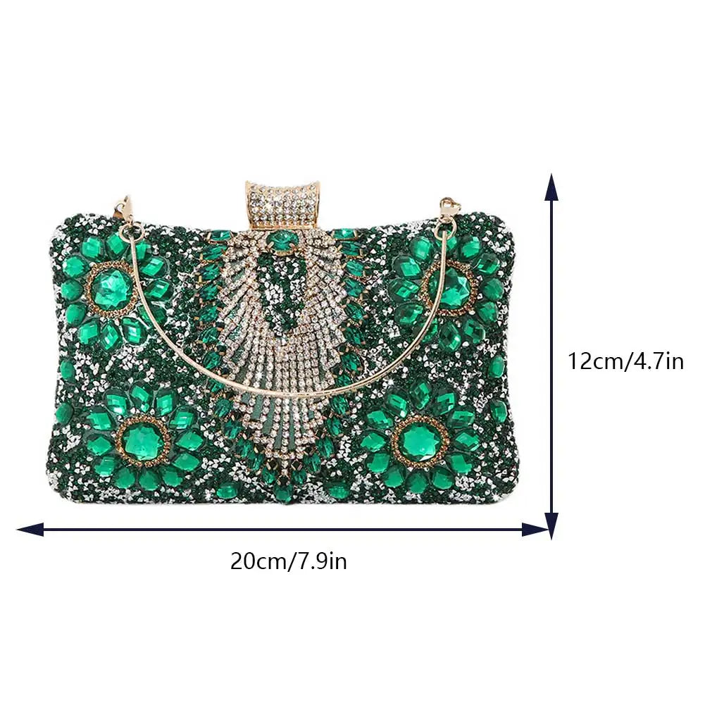 Bolsa feminina de luxo VKTECH com detalhes em pedras verdes e design elegante para ocasiões especiais