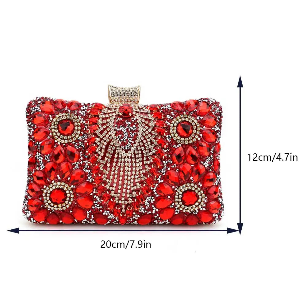 Bolsa feminina de luxo vermelha com detalhes bordados e pedras brilhantes, ideal para festas e eventos elegantes