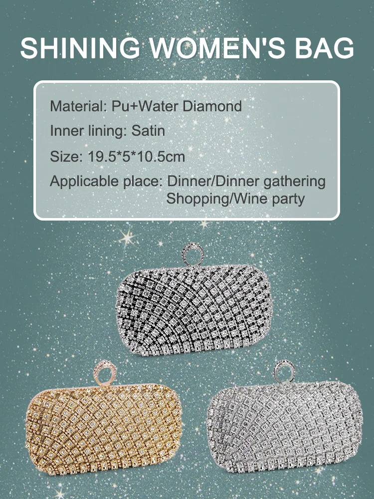 Bolsa feminina de strass em três cores com design elegante para festas e eventos sociais