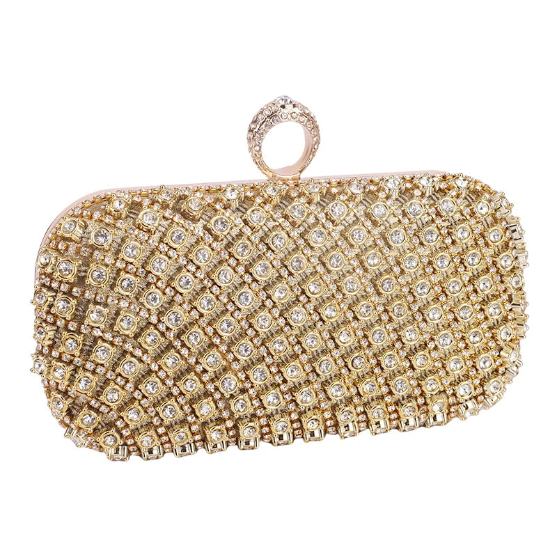 Bolsa feminina de strass dourada com design elegante e fecho decorativo para ocasiões especiais