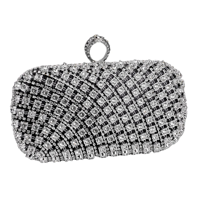 Bolsa feminina de strass brilhante com design elegante e fechamento em botão para eventos sociais