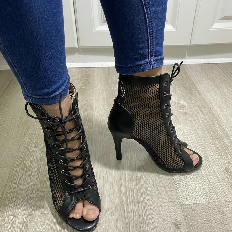 Botas peep toe femininas pretas em tela com salto médio finos da YHJCOO