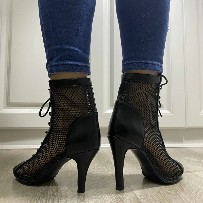 Botas peep toe femininas pretas com salto alto e tecido em malha estilo sandália feminina YHJCOO
