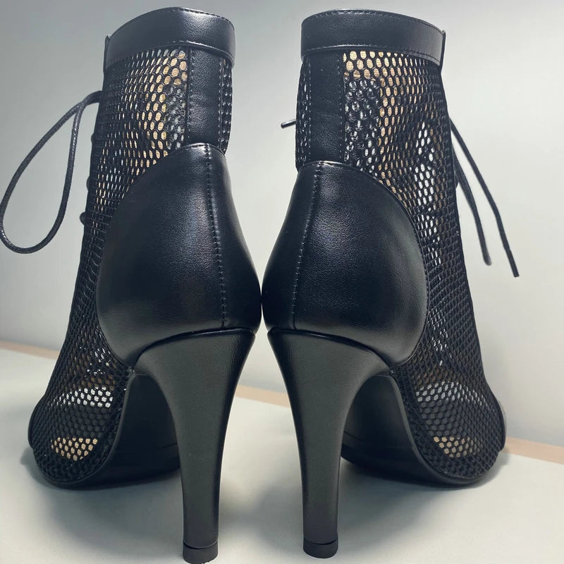 Botas peep toe femininas YHJCOO pretas com salto alto e mesh elegante para mulheres