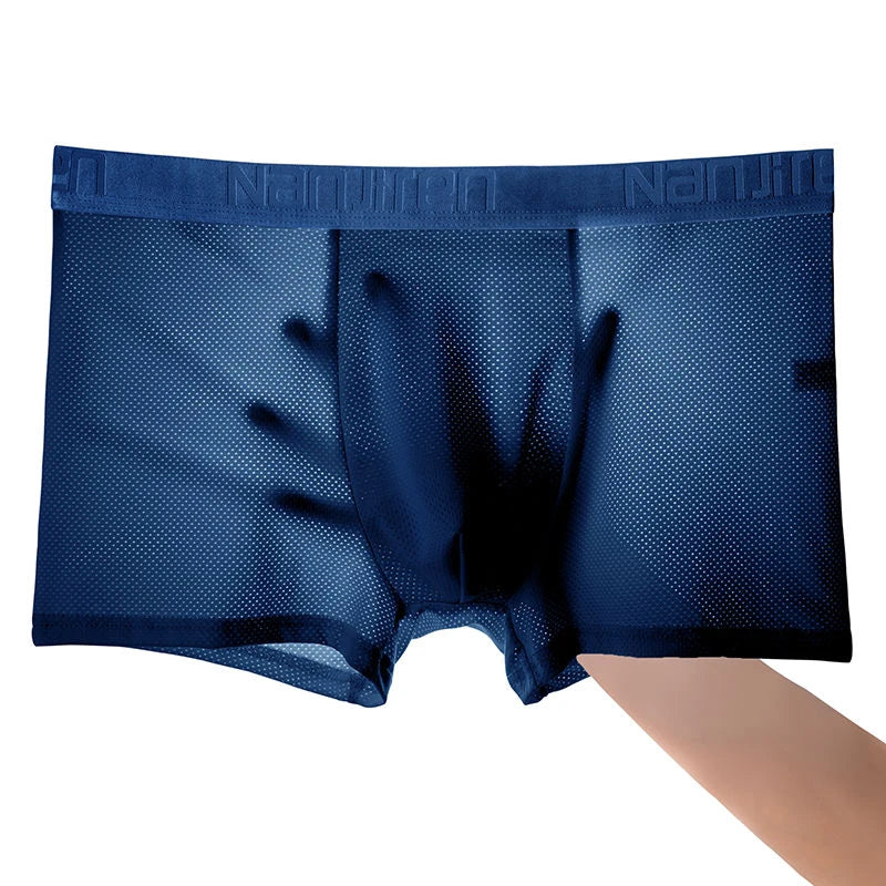 Cueca boxer masculina seda gelada em azul marinho com tecido respirável e design moderno