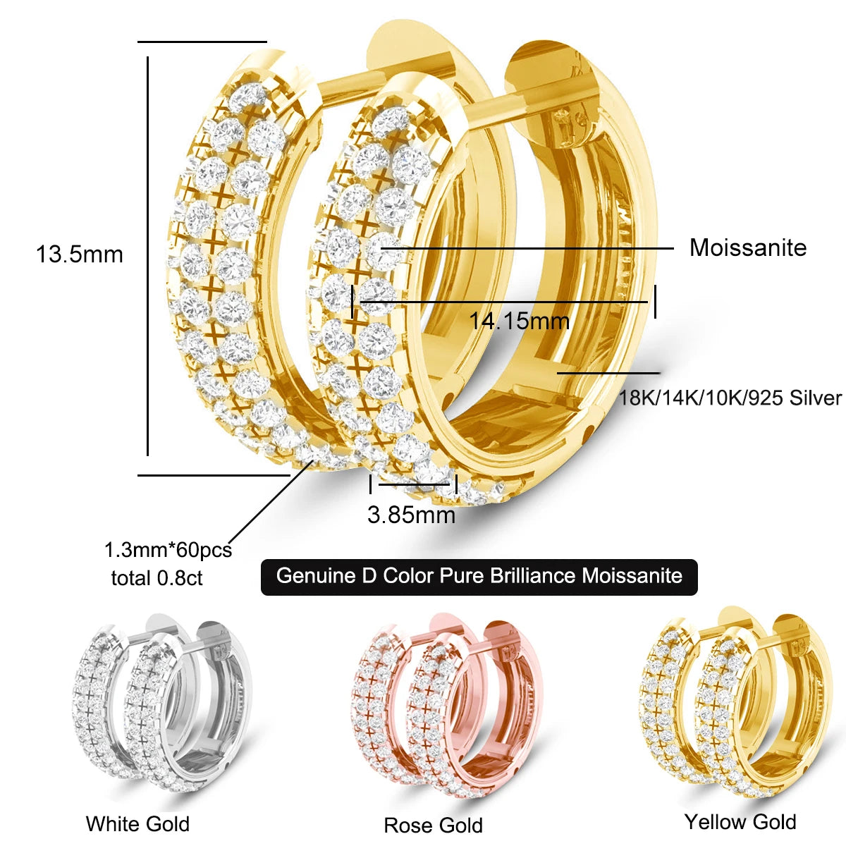 Brincos de ouro branco 18K com pedras de moissanita, design elegante e moderno para uso diário