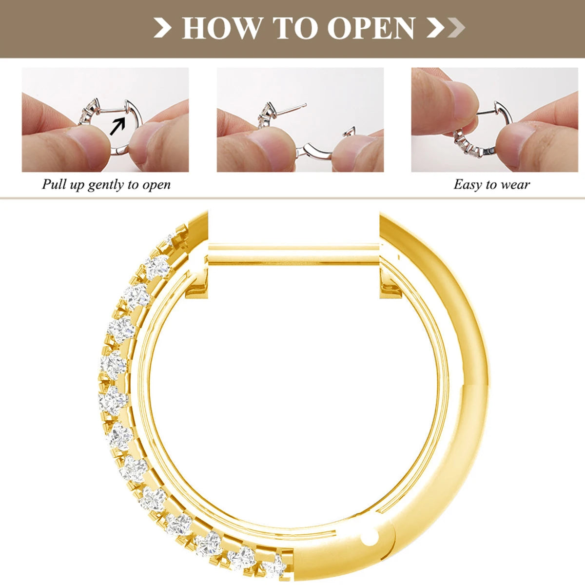 Instruções para abrir brincos de ouro branco 18K com design moderno e fácil de usar