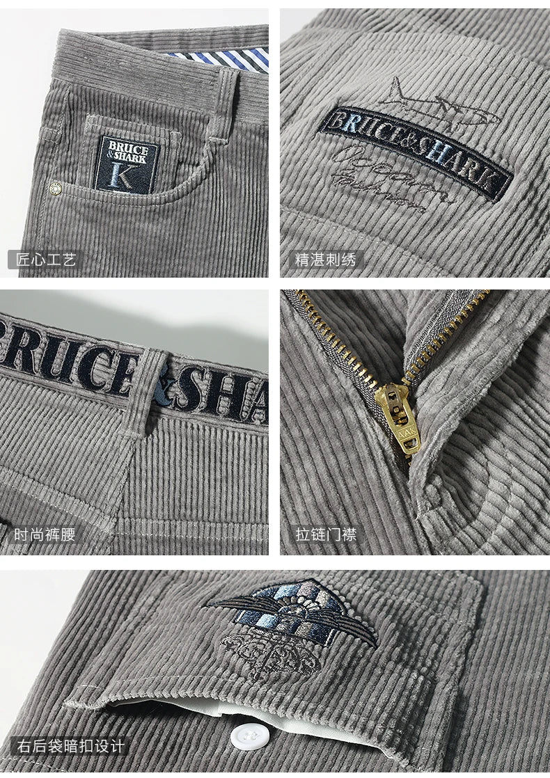 Calça masculina inverno veludo da BRUCE & SHARK em tom cinza com detalhes de costura e zíper reforçado