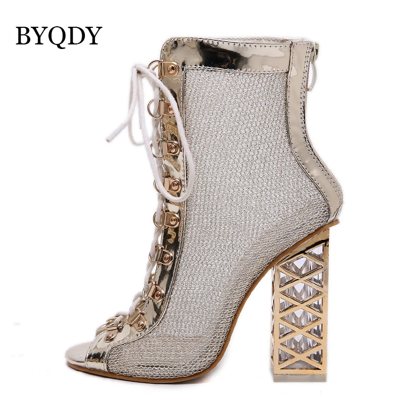 Sandália feminina BYQDY com brilho e salto alto, ideal para a moda, destacando botas ouro femininas