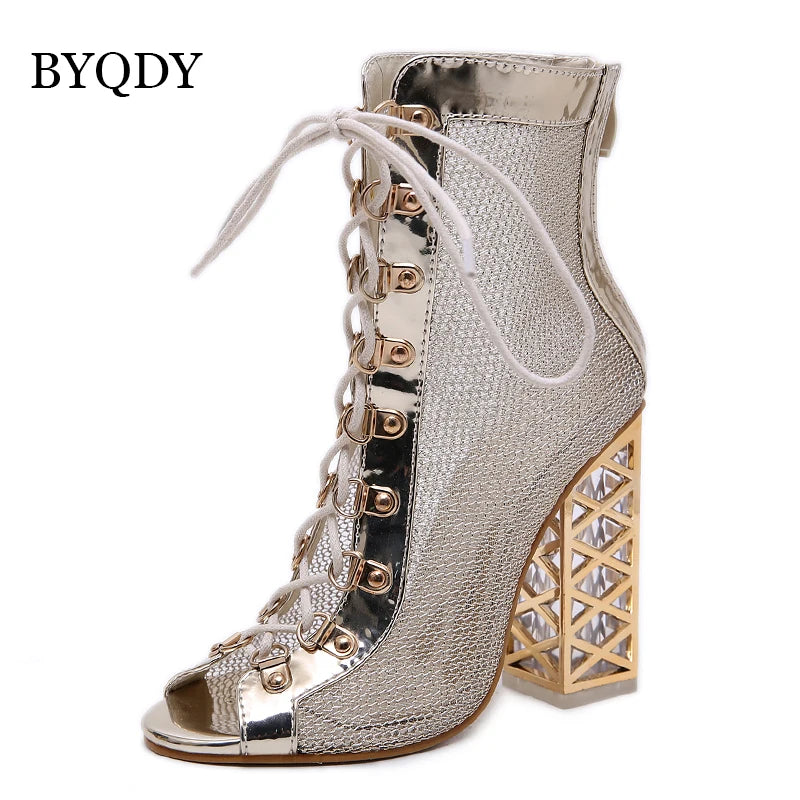 Sandália feminina BYQDY em prata com design aberto e salto alto, ideal para ocasiões especiais, botas ouro femininas