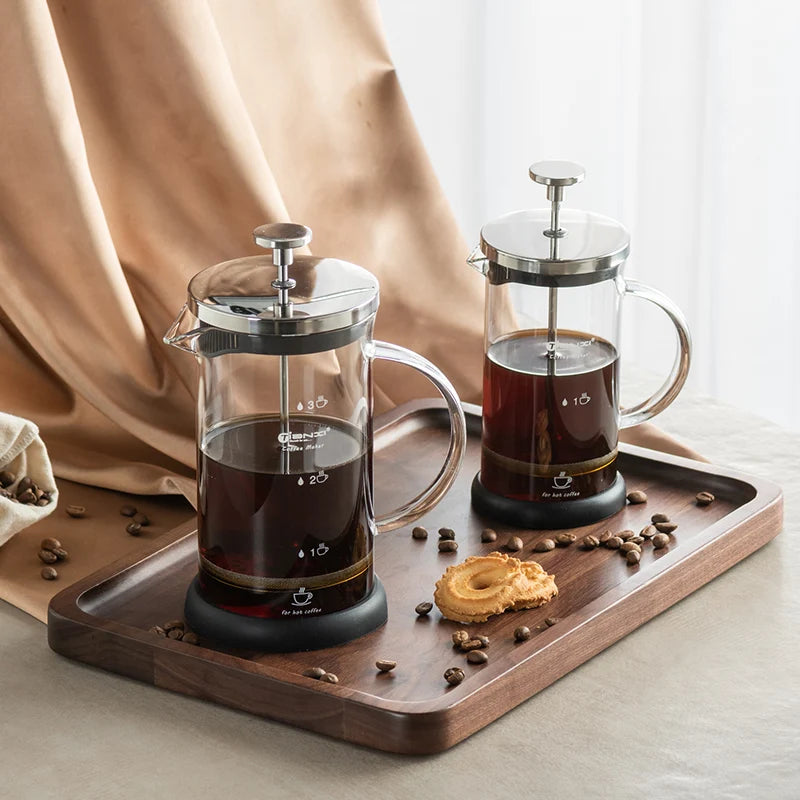Prensa francesa de café GIANXI com cafeteira de vidro resistente e design elegante, ideal para preparo de café.