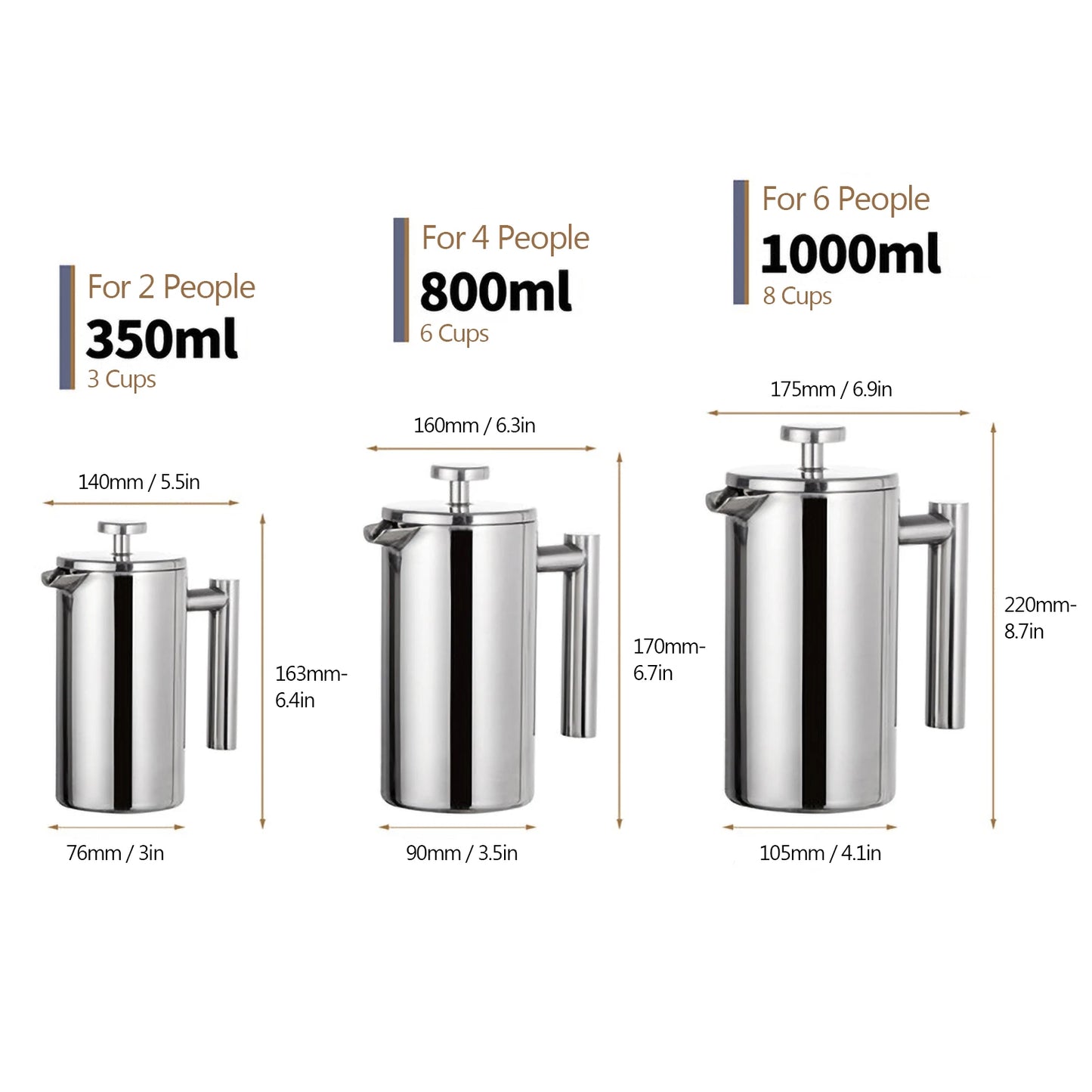 Prensa francesa de café HOMEGEEK em aço inox com parede dupla isolada, disponível em três tamanhos