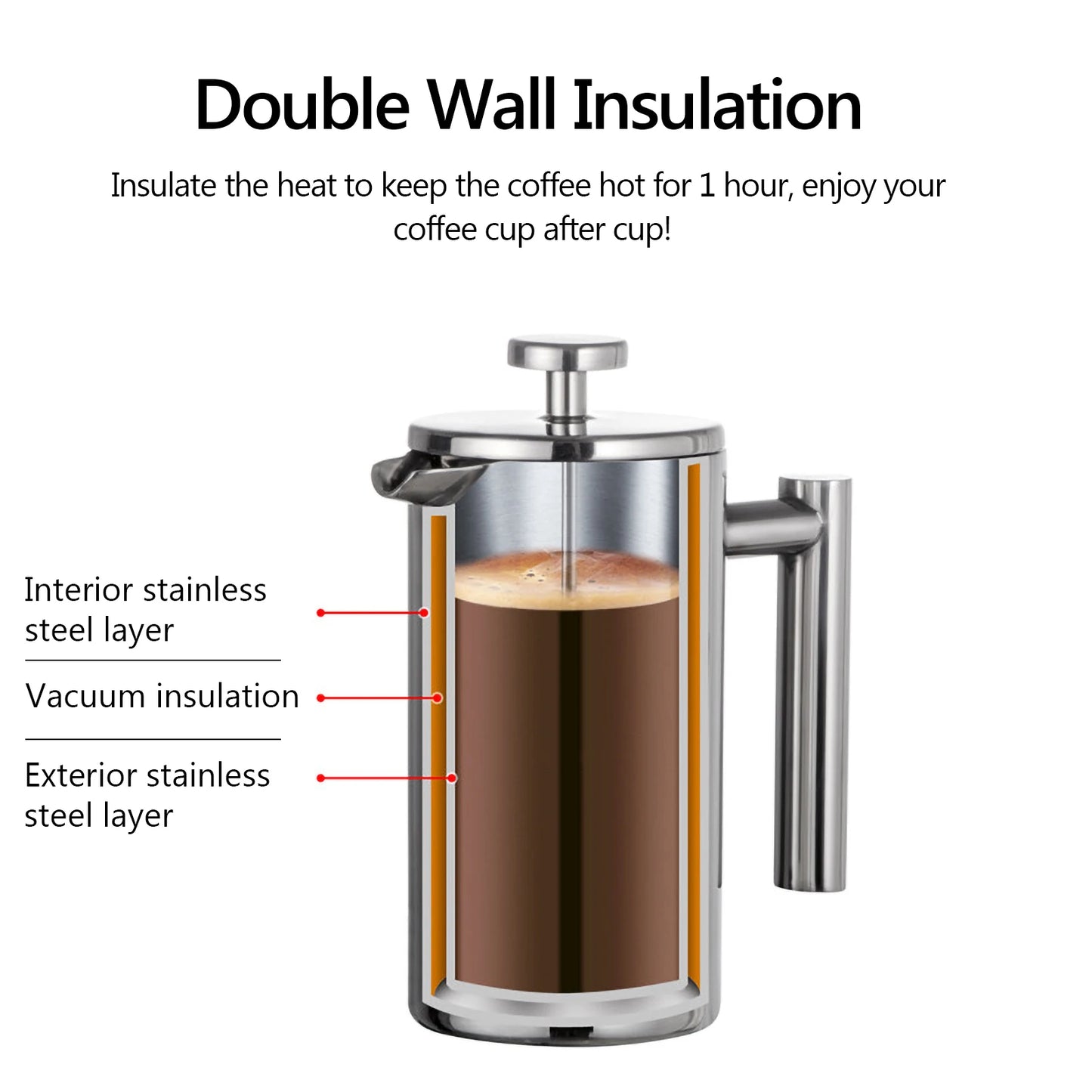 Prensa francesa de café HOMEGEEK com cafeteira parede dupla isolada para manter a bebida quente por uma hora