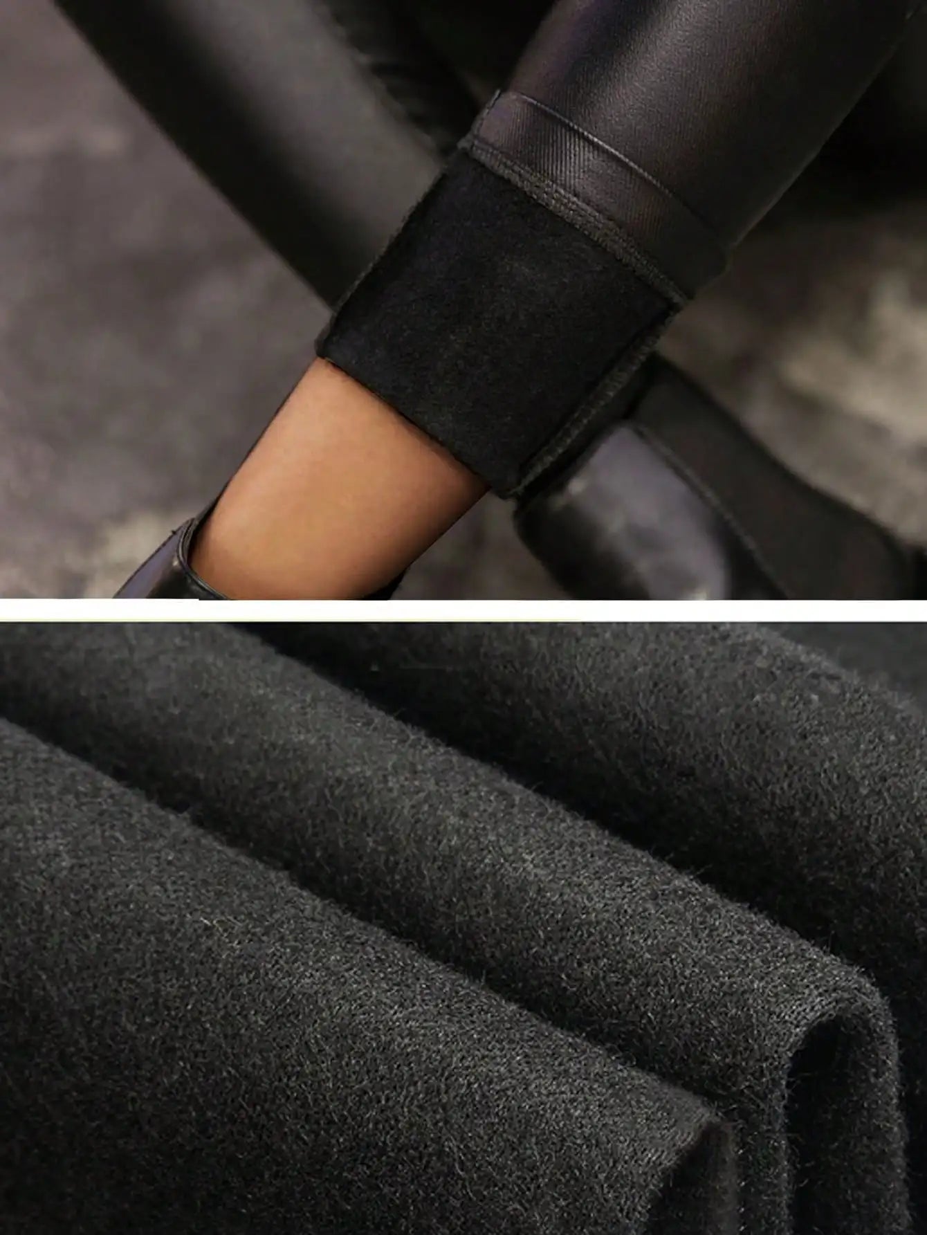 Detalhe da calça feminina cintura alta PU mostrando o tecido macio e acabamento elegante na parte inferior