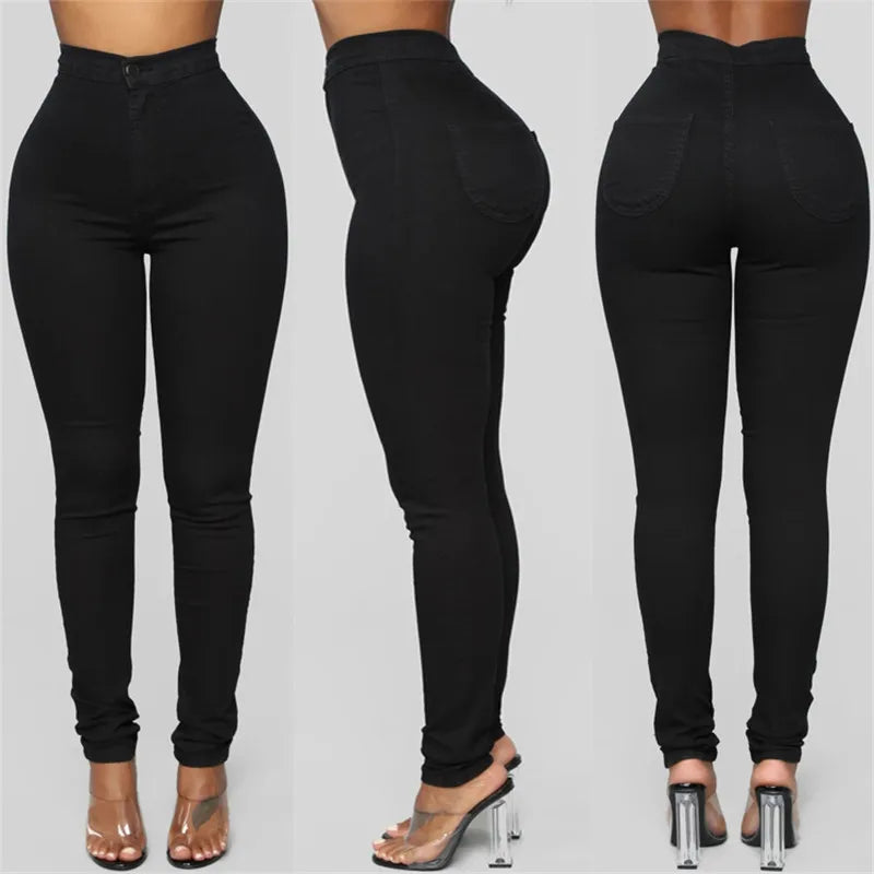 Calças femininas cintura alta em preto, modelagem ajustada, ideal para looks elegantes e confortáveis.