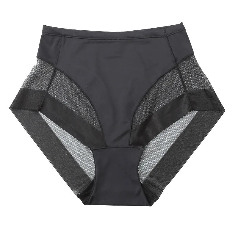 Calcinha cintura alta controle preta com painel de malha, ideal para modelar o corpo e proporcionar conforto