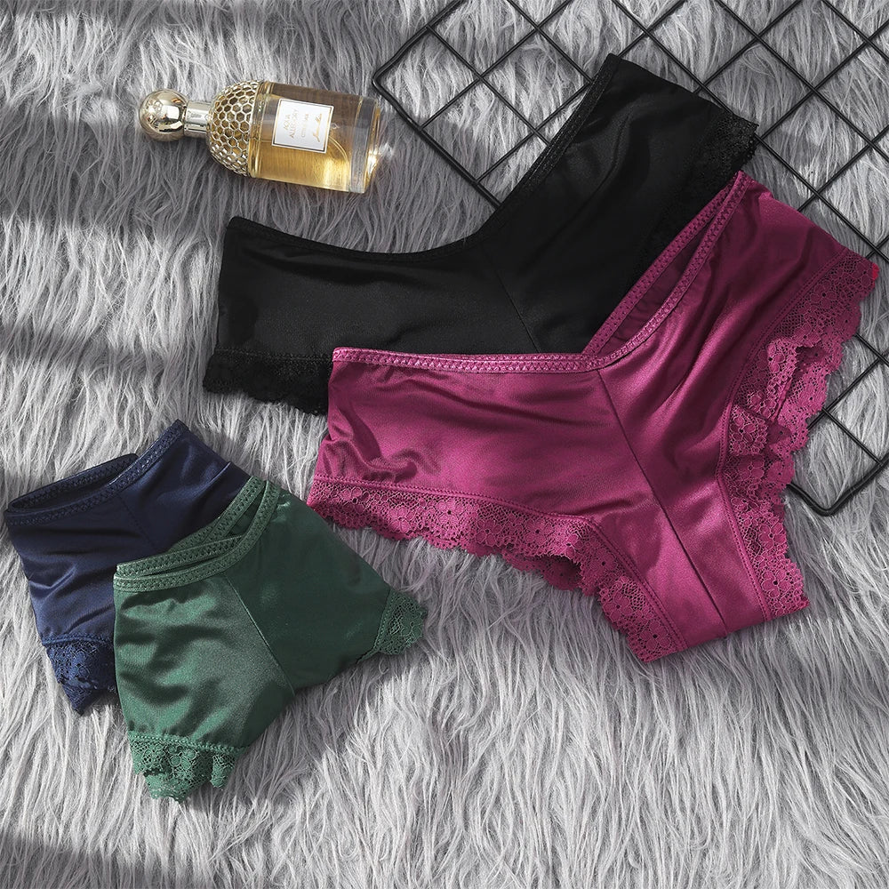 Conjunto de calcinhas femininas de renda em preto, roxo, verde e azul para conforto diário