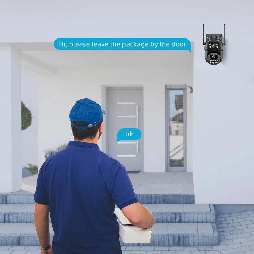 Câmera de vigilância 4K WIFI instalada na entrada da casa, monitorando a entrega de pacotes.