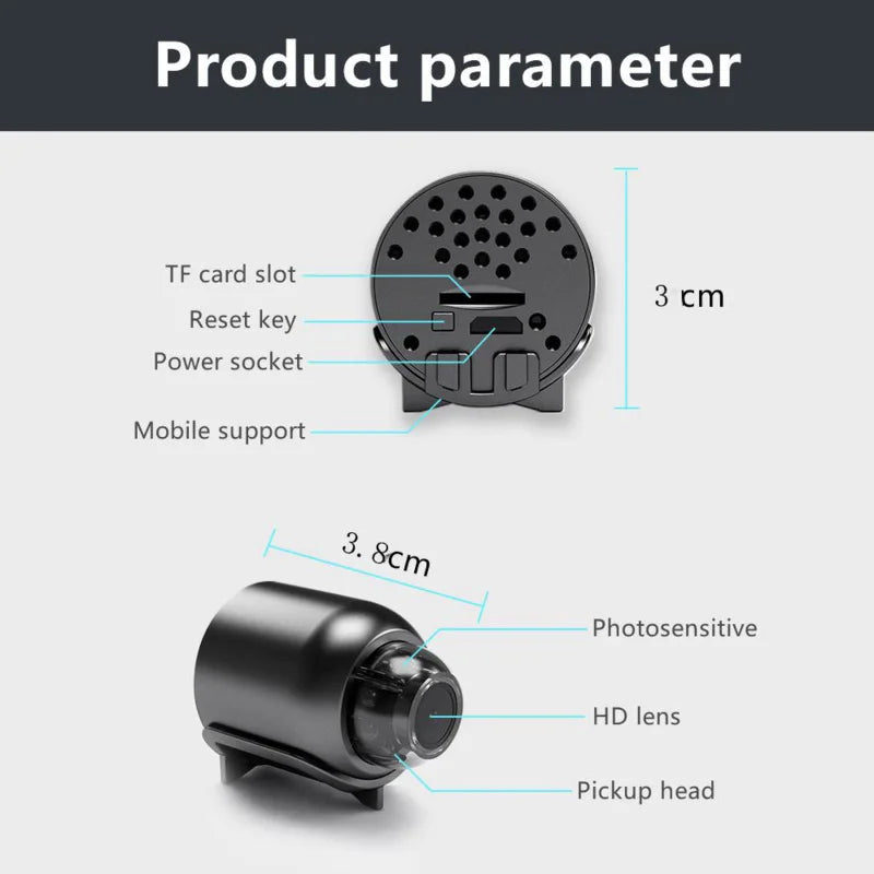 Mini câmera de vigilância BRANCHES com acabamento compacto e funcionalidade de câmera IP detector de som
