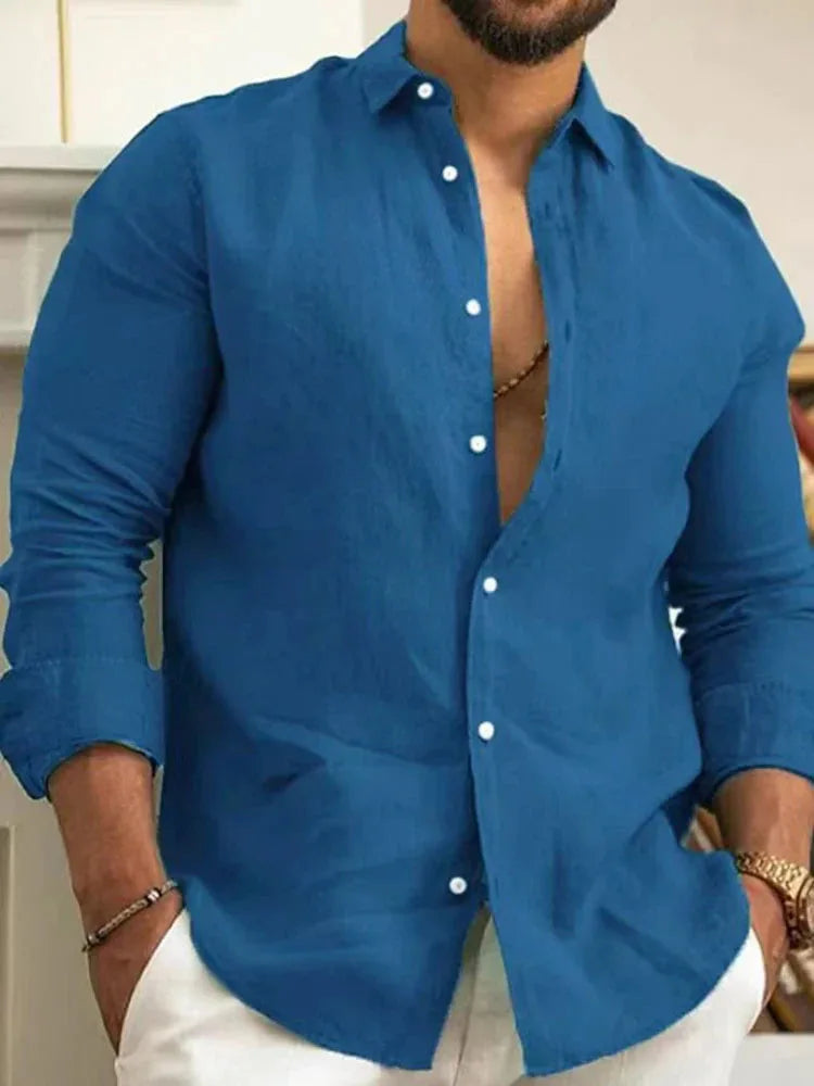 Camisa de linho masculina azul de manga longa com botões frontais e ajuste moderno