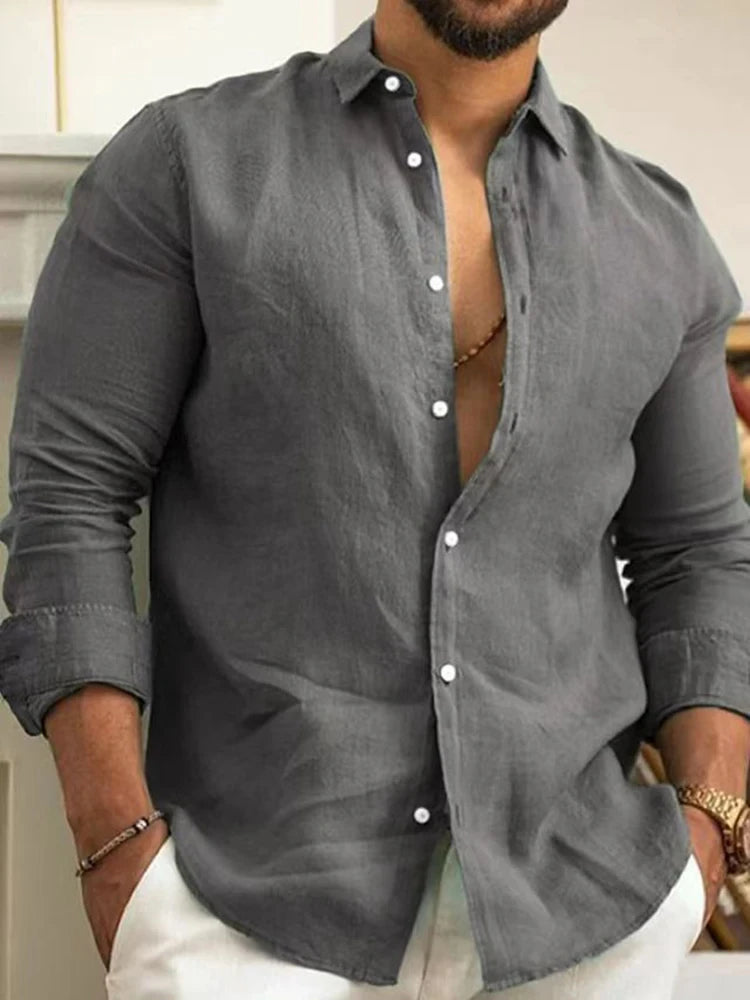 Camisa de linho masculina cinza de manga longa com botões e tecido leve, ideal para looks casuais