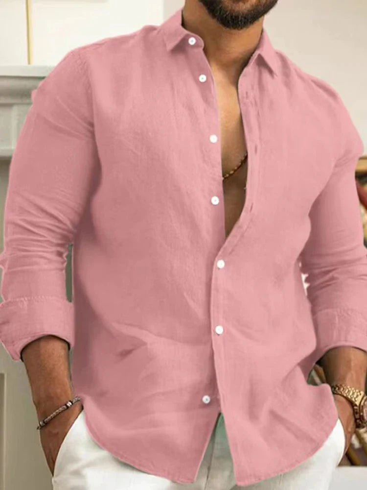 Camisa de linho masculina rosa de manga comprida para um visual elegante e casual
